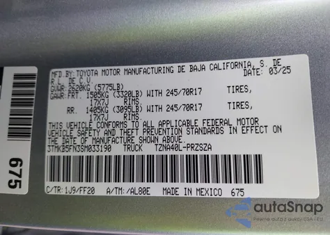 2025 Toyota Tacoma Sr5 z USA, uszkodzony, nr VIN 3TMKB5FN3SM033190